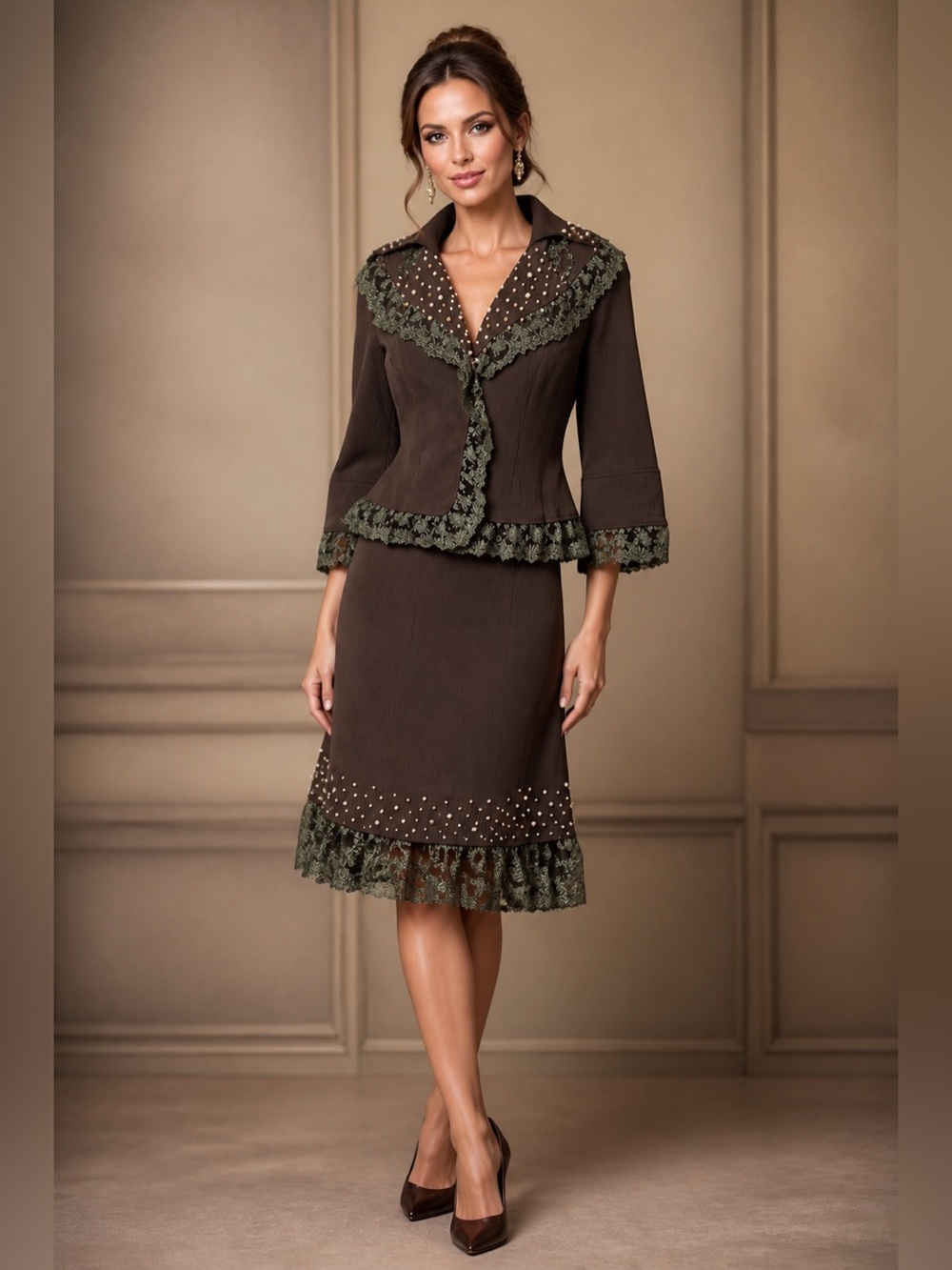 Arielle Skirt & Jacket Set with Pearl and Lace Details Elegant